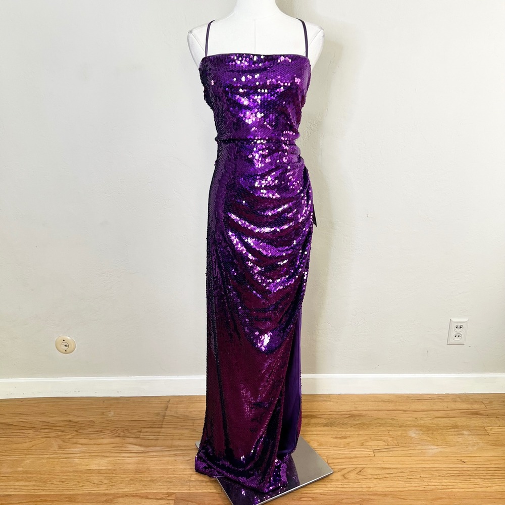 Lulus Maxi Dress Size Large Purple Allover‎ Sequin Formal Gown Backless NEW